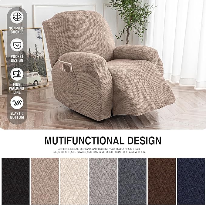 Genina Recliner Chair Covers, Stretch Reclining Chair Cover, Recliner Sofa Slipcovers Stripe Jacquard Lazy Couch Covers Furniture Protector Covers for Pet Kid (Taupe, 1 Seater)