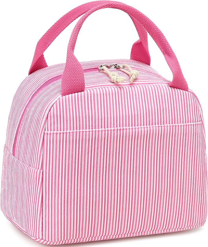 LEDAOU Lunch Box for Women Insulated Lunch Bag Corduroy Lunch Tote Bags Leakproof Cooler Lunch Case for Travel Work Picnic (K-Stripes-Pink)