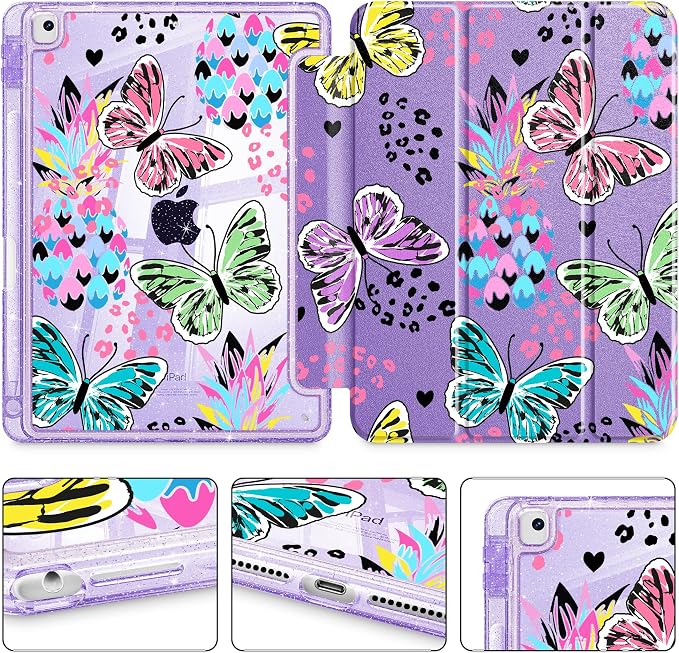 Mektron Sparkly Case for iPad 10.2 inch Glitter Tablet Cases for iPad 9th Gen 2021/8th Gen 2020/7th Gen 2019 Cover with Shiny Clear Back Shell Foldable Bling Smart Cover Blue Floral