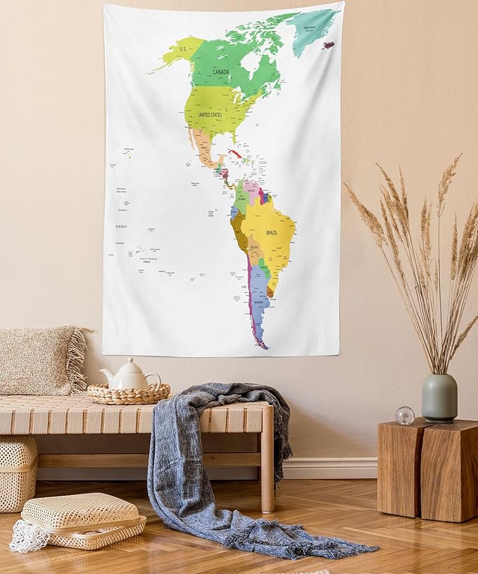 Ambesonne Map Tapestry, Map of South and North America with Countries Capitals and Major Cities Colorful Design, Fabric Wall Hanging Decor for Bedroom Living Room Dorm, 23" X 28", Green White