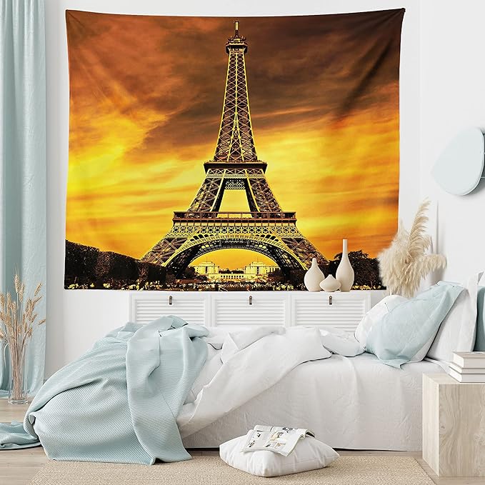 Ambesonne Eiffel Tower Tapestry King Size, Paris Love City Monument in Dramatic Sunrise Picture of French Landmark, Wall Hanging Bedspread Bed Cover Wall Decor, 104" X 88", Yellow Brown