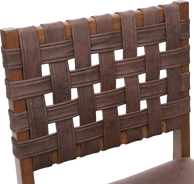Woven Faux Leather Dining Chairs Set of 6, Farmhouse Upholstered Kitchen Chairs with Wooden Legs Armless Accent Side Chairs for Dining Room/Restaurant, Brown