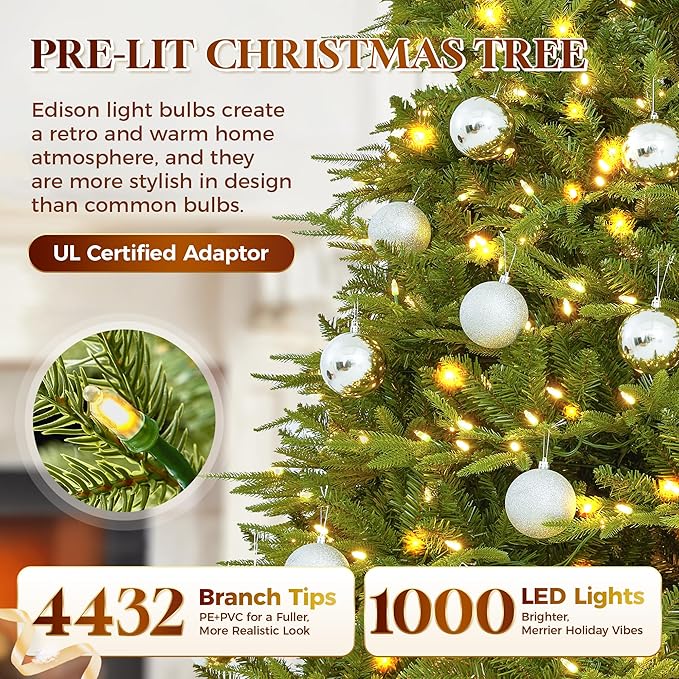 HOLLO STAR 9 ft Prelit Christmas Tree with 1200 LED Lights, App Control, Aspen Artificial Christmas Tree, Multi-Color RGBW Lights, 4432 PE & PVC Branch Tips, for Home, Party