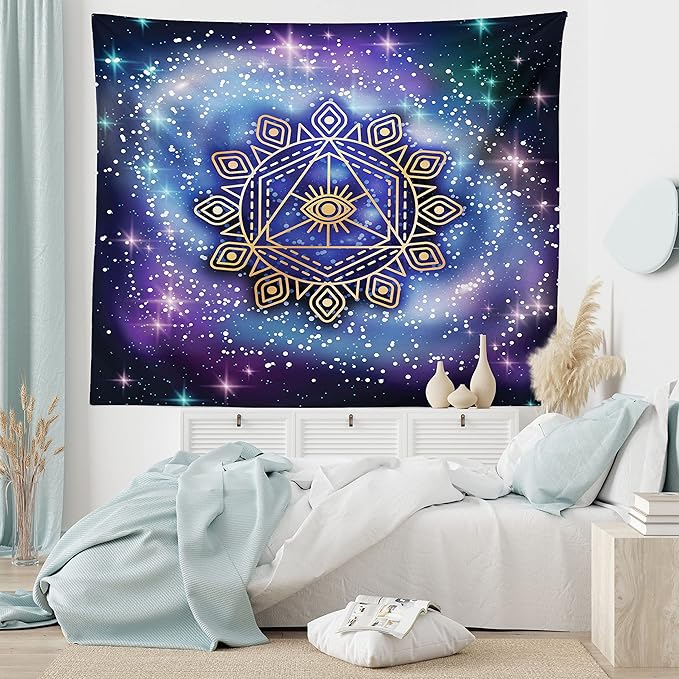 Ambesonne Geometry Tapestry, Celestial and Terrestrial Harmony of Cosmos Mandala Form on Nebula Art, Fabric Wall Hanging Decor for Bedroom Living Room Dorm, 28" X 23", Indigo