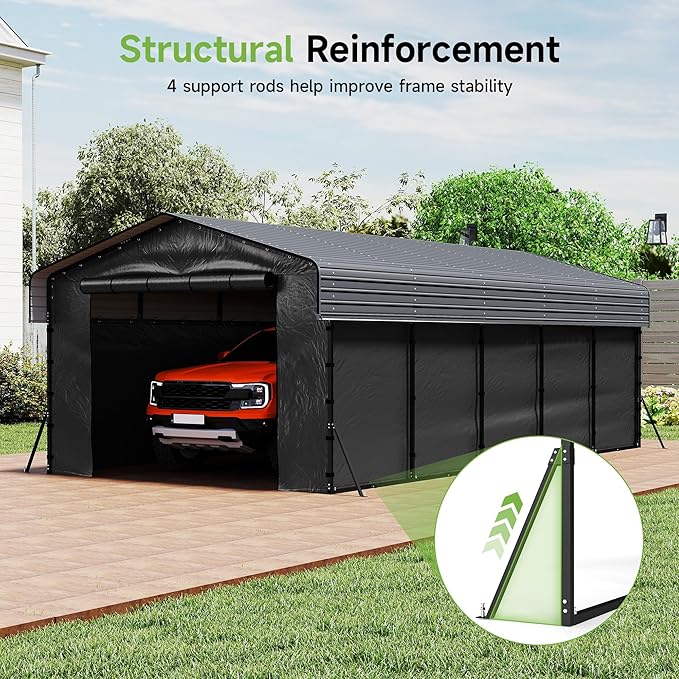 Real Relax 13' x 26' Heavy Duty Metal Carport, Outdoor Garage Car Shelter Shade with Removable Sidewalls, Extra Long Heavier Metal Frame for SUV Trucks and Boats, Gray