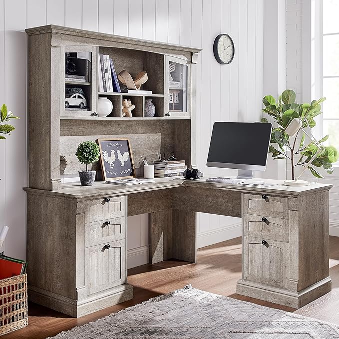 OKD 60" L Shaped Executive Desk with Hutch and Drawers, Farmhouse Home Office Desk with Charging Station, File Cabinet Storage, Wood Corner Computer Desk for Work and Study, Light Rustic Oak