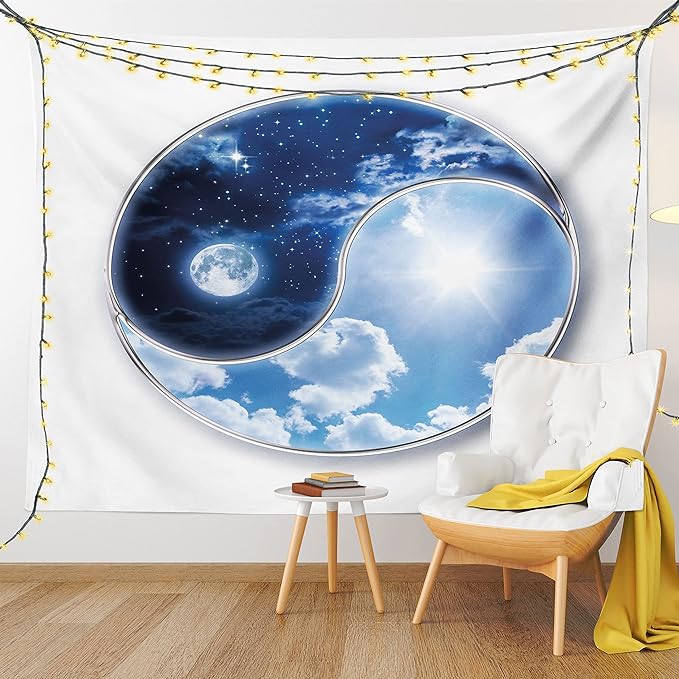 Ambesonne Space Tapestry, Yin Yang World Moon and Sun Harmony of the Universe Art Print, Wall Hanging for Bedroom Living Room Dorm Decor, 60" X 80", Navy Blue Sky Blue White