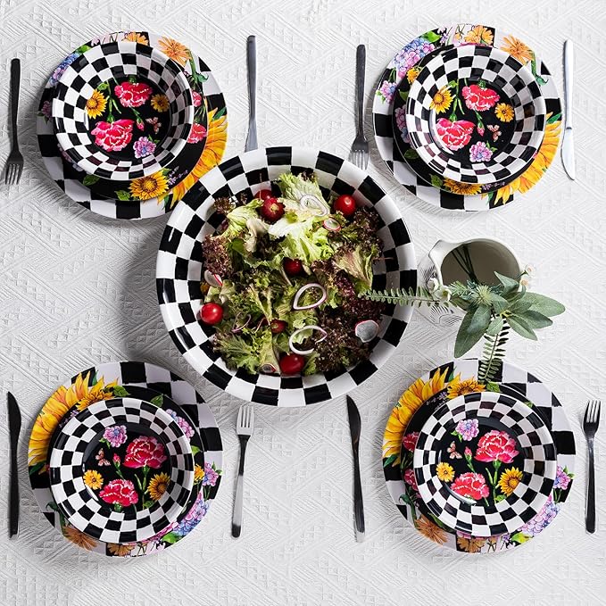LEHAHA Melamine Large Serving Bowls, Set of 2, Sunflower 13.75" x 2.75" (130 OZ) Pasta and Salad Bowl, Black Plaid Durable for Kitchen, Dishwasher Safe