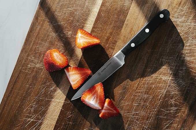 DURA LIVING Chef's Knife Set, 4 Piece Cutlery Knife Set, Superior Forged High Carbon Stainless Steel Ultra Sharp 8 Inch Chef, 7 Inch Santoku, 5 Inch Utility, 3.5 Inch Paring Knives, Black
