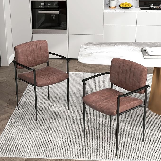 Mid-Century Modern PU Leather Dining Chairs Set of 4, Upholstered Kitchen Chairs with Arms and Metal Legs Adjustable Feet for Kitchen Dining Room(Brown)
