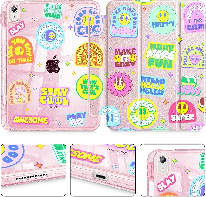 for iPad Air 11 inch M4/M3/M2 (2026/2025/2024) iPad Air 5th/4th Gen (2022/2020) 10.9 inch with Pencil Holder Glitter Clear Pretevtive Cover Auto Wake/Sleep Black Cartoon Stickers