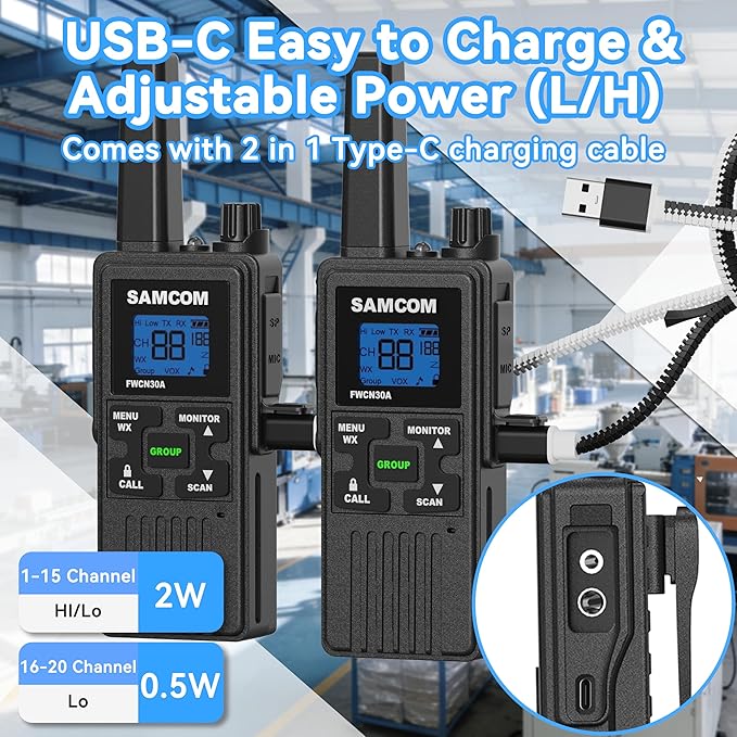SAMCOM Walkie Talkies for Adults Long Range Rechargeable 2 Pack FWCN30A 2 Way Radios, Hiking Camping Gear for Family USB Charging 1250mAh NOAA Weather Alert