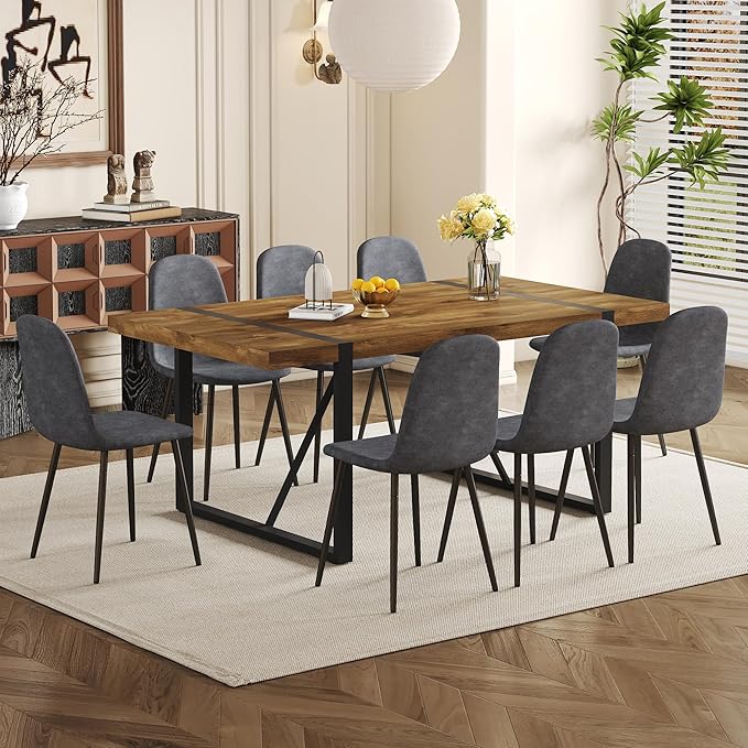 Rustic 9 Piece Dining Room Table Set for 8 People, Mid Century Modern 71 Inch Rectangle Wood Kitchen Dining Table with 8 Fabric Chairs Set, Suitable for Kitchen Dining Room Apartment