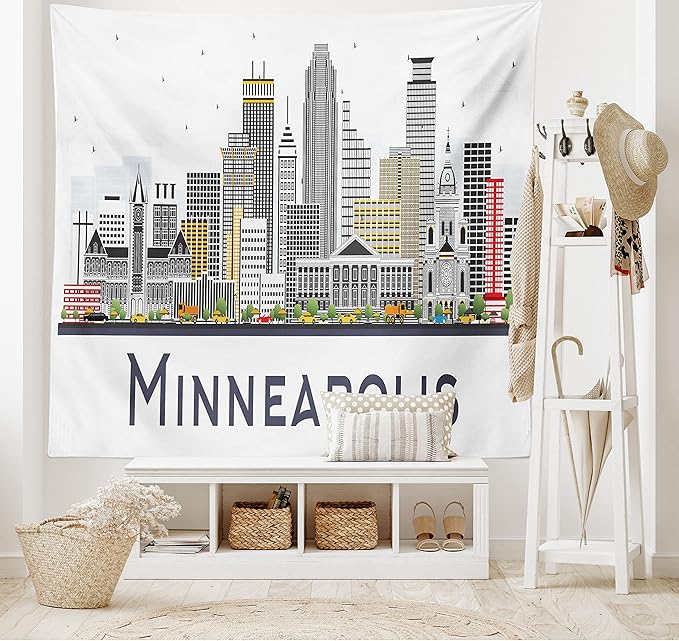 Ambesonne Minnesota Tapestry Twin Size, Elevation of a Street in Minneapolis Image with High Detailed Facades, Wall Hanging Bedspread Bed Cover Wall Decor, 68" X 88", White Grey
