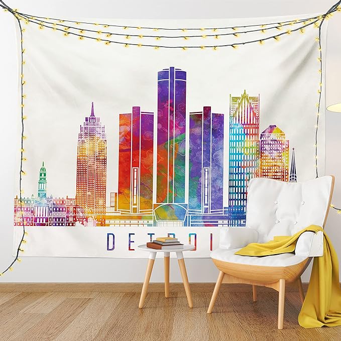 Ambesonne Detroit Tapestry Twin Size, Vibrant Colored Abstract Skyscrapers Modern Architecture Watercolor Style Landmarks, Wall Hanging Bedspread Bed Cover Wall Decor, 68" X 88", Ivory
