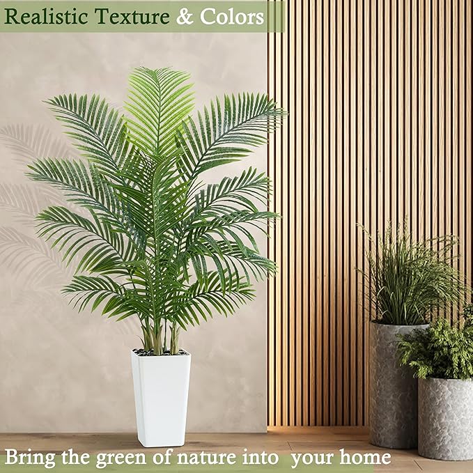 Artificial Palm Tree：5FT Tropical Fake Silk Plant UV Resistant Faux Areca Palm with White Planter & Black Pebbles for Home Office Living Room Decor Indoor Patio Porch Balcony (5FT,1-Pack,White)