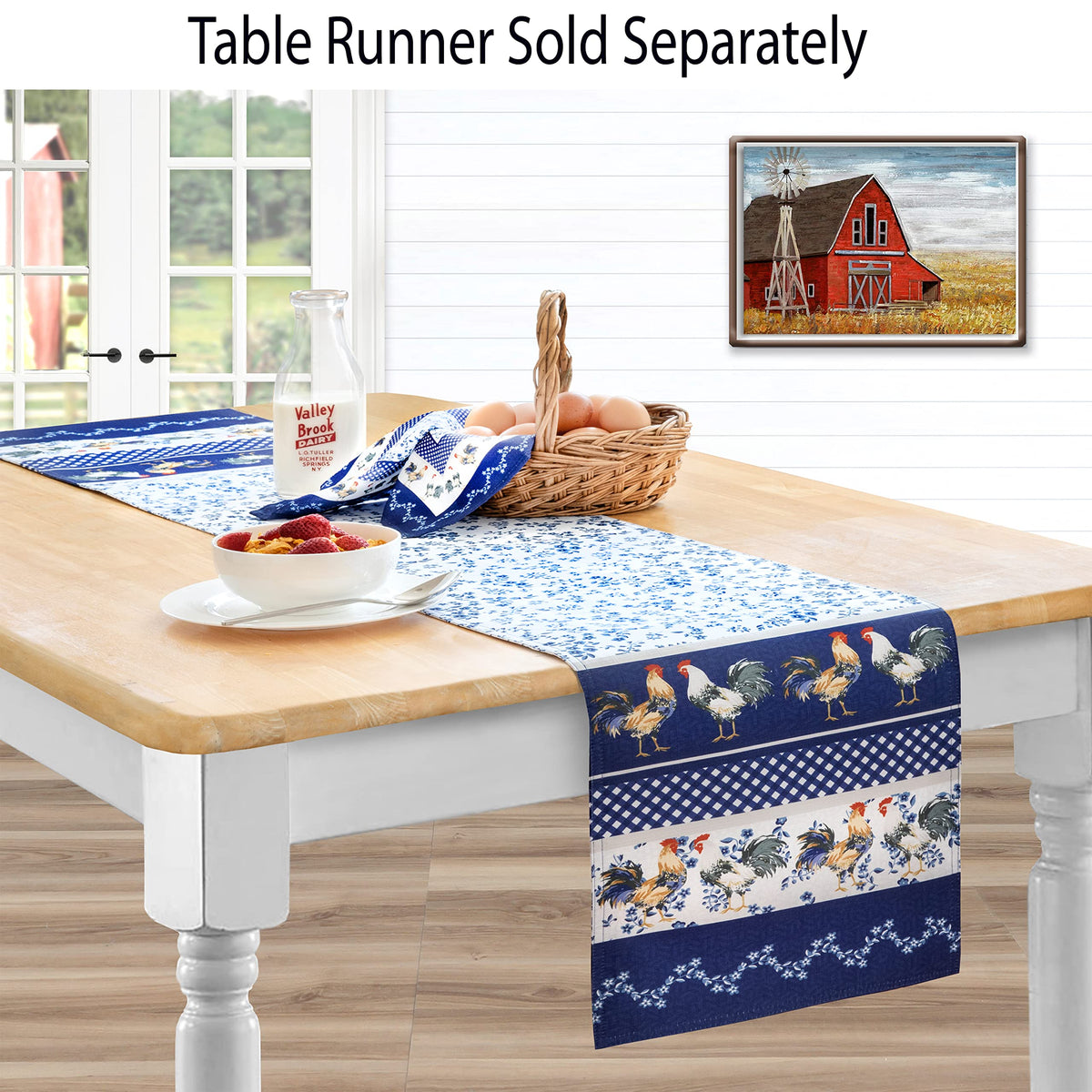 Home Bargains Plus Oval Fabric Tablecloth, 60 x 84 Inch, Blue Provence Rooster, Wrinkle, Water and Stain Resistant Country Provence Table Cloth, Farm