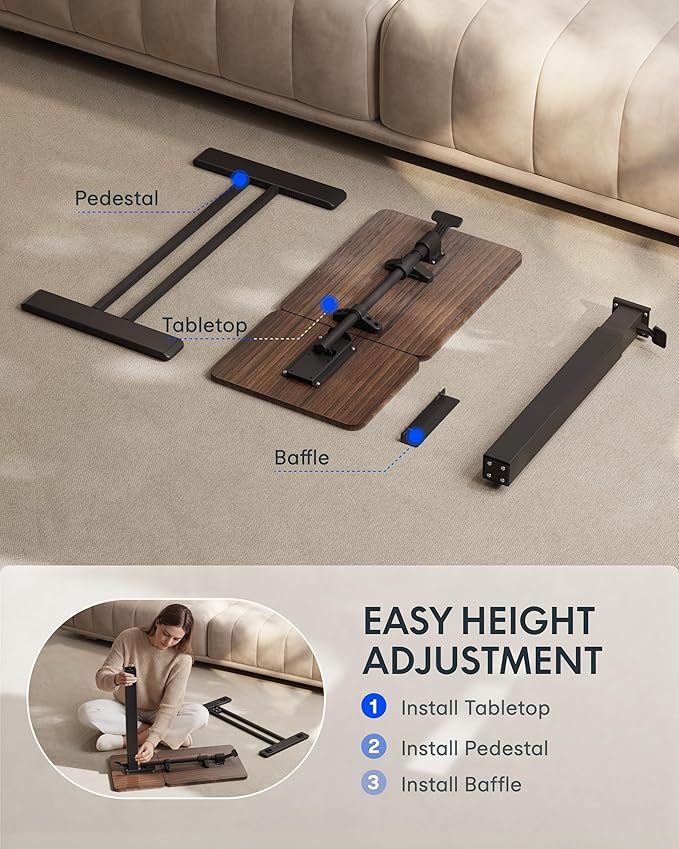 FLEXISPOT H7 Flex Adjustable Height C-Shaped End Table Split Tilting Top Mobile Side Table for Sofa & Bedside, Slides Under Furniture, Hidden Wheels for Small Spaces(31.6" W x 15.7" D,Dark Walnut)