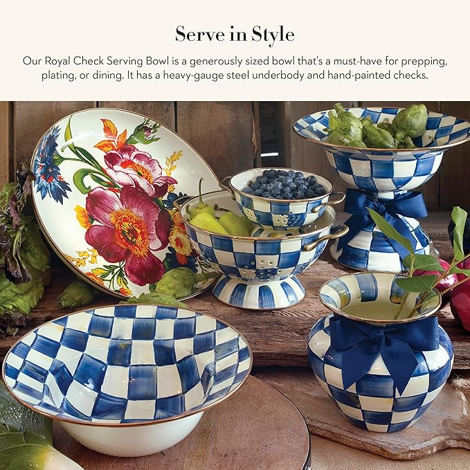 MACKENZIE-CHILDS Enamel Serving Bowl, Enamel Serveware Bowl, 12 Inches, Blue-and-White Royal Check