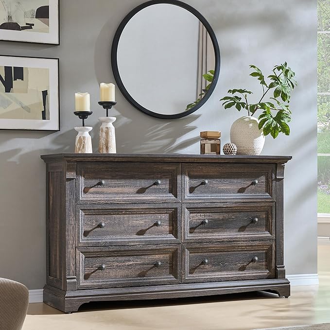 Farmhouse 6 Drawers Dresser for Bedroom, 54" Wide Large Dressers & Chests of Drawers w/Roman Column, Wooden Dresser TV Stand with Large Drawers for Nursery Bedroom Living Room Hallway,Dark Rustic Oak
