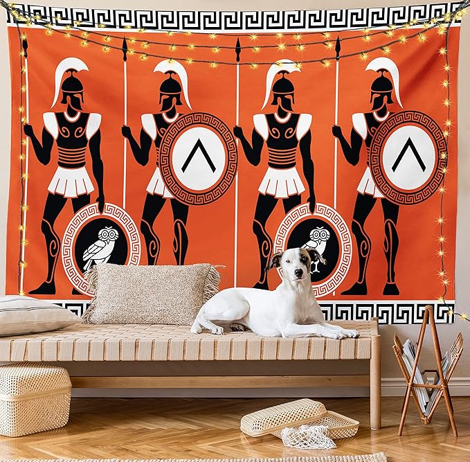 Ambesonne Retro Tapestry, Historical in Greece Theme Cultures, Fabric Wall Hanging Decor for Bedroom Living Room Dorm, 23" X 28", Orange Black White