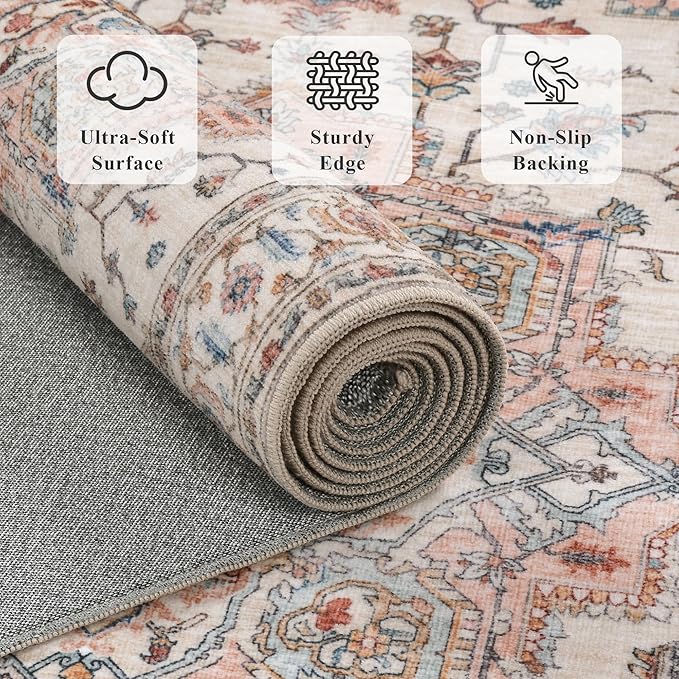 8x10 Area Rugs for Living Room Ultra-Soft Washable Rug Vintage Distressed Boho Area Rug, Non-Slip Low Pile Stain Resistant Carpet for Bedroom Dining Room Kitchen Office