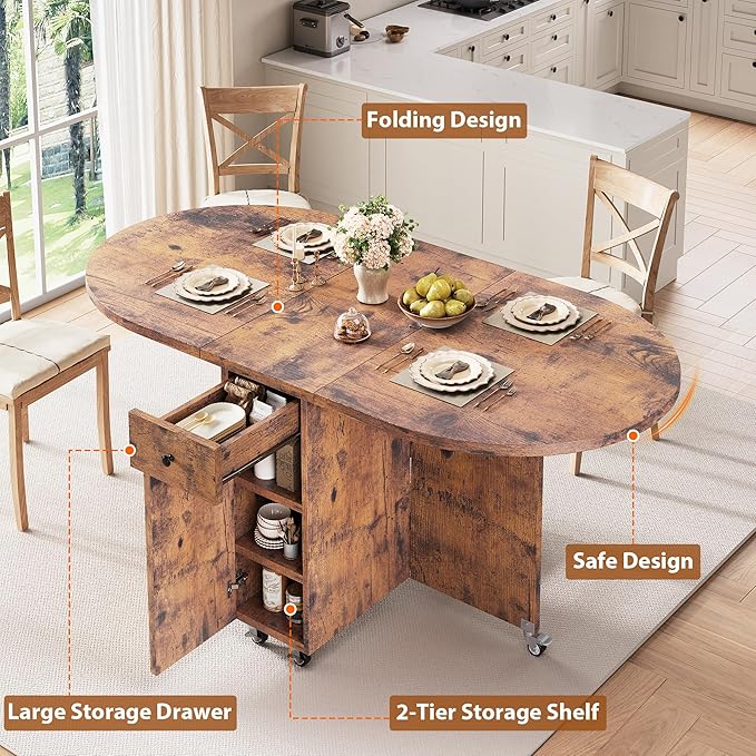 Folding Dining Table for 4 Kitchen Dining Room DinnerTable with Storage Drawer Space Saving Oval Foldable Drop Leaf Gateleg Furniture for Small Space (Vintage, 51 * 31.5 * 30)