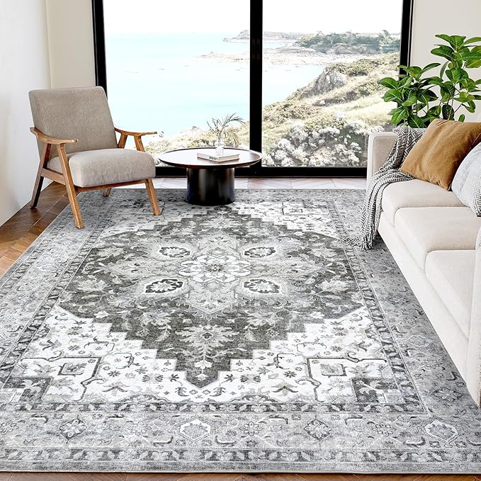 AMADA HOMEFURNISHING 5x7 Area Rugs, Washable Living Room Rug Low-Profile with Non-Slip Backing & Durable Edge Binding, Vintage 5x7 Rugs for Living Room, Bedroom, Dinning Room