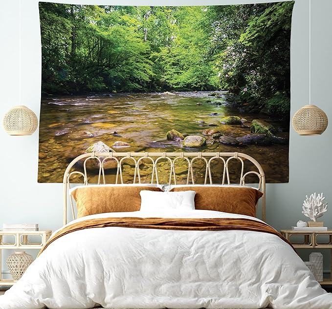 Ambesonne Appalachian Tapestry, Oconaluftee River at Smoky Mountains National Park, Fabric Wall Hanging Decor for Bedroom Living Room Dorm, 28" X 23", Lime Green Charcoal Grey