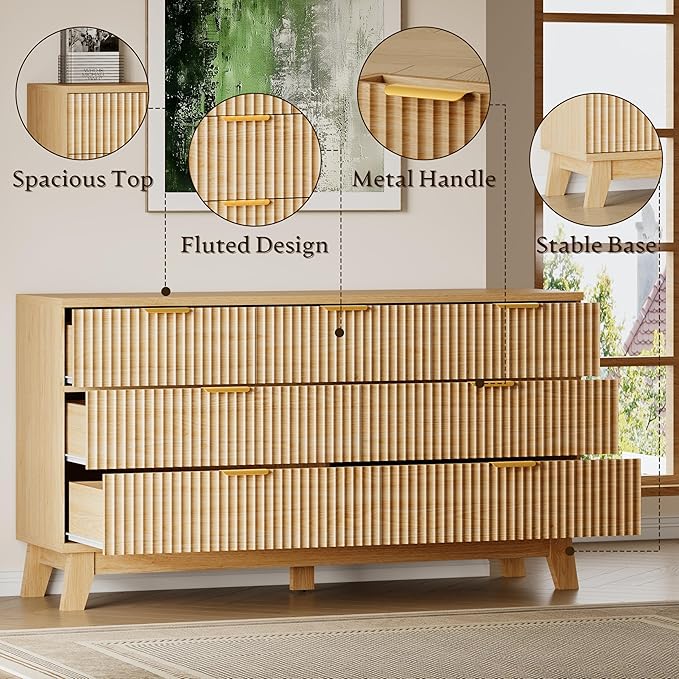 57" Long Dresser for Bedroom, 7-Drawer Fluted Chest, Wide Wood Storage Dresser with Metal Slides and Handles, Stable Base, Modern Clothes Organizer for Primary Suite, Guest Room, Nursery