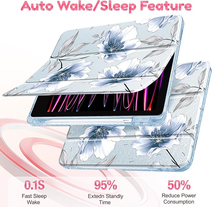 Mektron Sparkly Case for iPad 10.2 inch Glitter Tablet Cases for iPad 9th Gen 2021/8th Gen 2020/7th Gen 2019 Cover with Shiny Clear Back Shell Foldable Bling Smart Cover Blue Floral