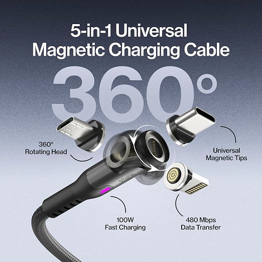 Statik 360 Pro Magnetic Charging Cable - Type C Charger Fast Charging 3 in 1 USB C to USB C Cable Micro USB &amp iProduct Tips USB A Adapter Fits All Devices - 100W Fast Charger Black 10FT/3M