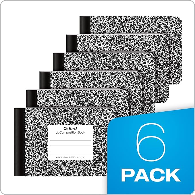 Oxford Jr. Composition Notebooks, School Supplies, Notebooks for School, Half Size, 4-7/8 x 7-1/2 Inches, Wide Ruled Paper, 80 Sheets, Kids Journal, Black Marble Covers, 6 Pack (63773)