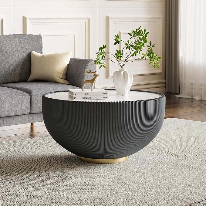 Grey Round Coffee Table with Sintered Stone Tabletop, 27.56" Drum Coffee Table with Fluted PU Leather Covered and Metal Base, Circle Cocktail Tea Table for Living Room