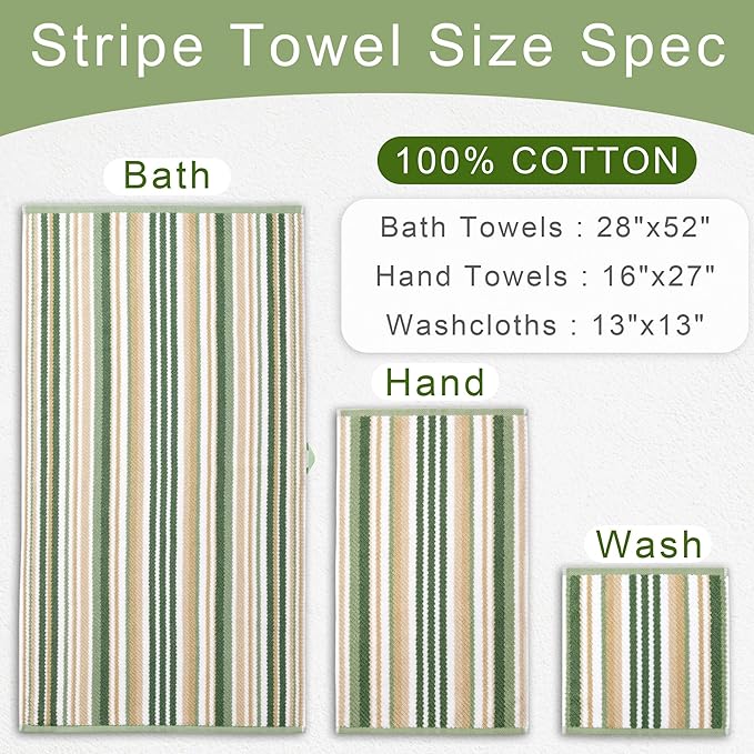 Green Striped Towels - 100% Cotton, Quick Dry, Soft & Absorbent, 3PC Luxury Towels Set (Bath 28"x52", Hand 16"x27", Wash Cloth 13"x13"), Stripe Shower Towel with Hanging Loop, Sage and Beige