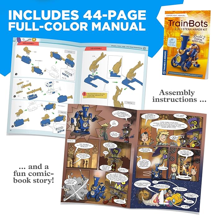Thames & Kosmos TrainBots: 2-in-1 STEAM Maker Kit | Build 2 Steampunk Robots w/LED Lights | Explore Robots & Engineering | Includes Ultrasonic Atomizer | Ages 8+ with Help; 12+ for Independent Play