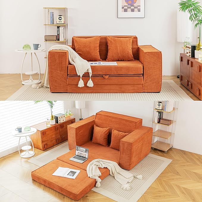 HOMREST 63" Convertible Memory Foam 3-seat Sofa, Pull Out Sleeper Sofa Bed, 2 in 1 Folding Couch Bed, Fold Out Floor Couch Corduroy Fabric with 2 Pillows for Living Room Bedroom Lounge (Brown)