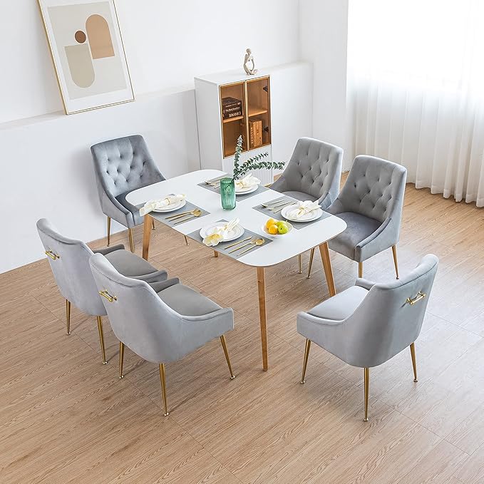 Modern Dining Chairs Set of 2, Mid Century Dining Chairs with 5.12” Cushions and Golden Legs, Velvet Upholstered Dining with Back Pull Rod, for Kitchen, Living Room, Grey