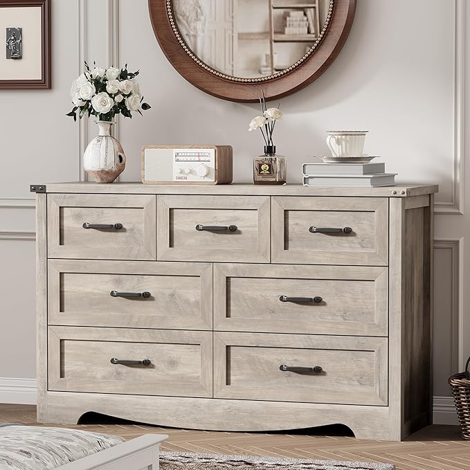 Dresser for Bedroom with 7 Drawers, 48" Wide Modern Chest of Drawers with Deep Drawers & Mental Handle, Wood Dresser TV Stand, Wooden Closet Storage Organizer for Living Room, Hallway, Entryway, Grey