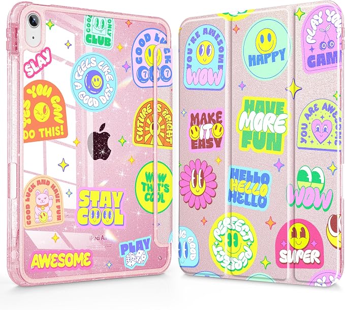 for iPad Air 11 inch M4/M3/M2 (2026/2025/2024) iPad Air 5th/4th Gen (2022/2020) 10.9 inch with Pencil Holder Glitter Clear Pretevtive Cover Auto Wake/Sleep Black Cartoon Stickers