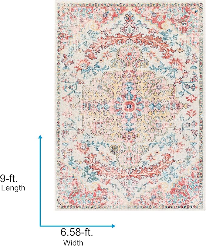 Livabliss Area Rugs - 7x9 Odelia Vintage Boho Red Off-White Blue Area Rug for Living Room Bedroom - Floral Medallion Stain Resistant Carpet for Kitchen, Nursery, Office (6'7" x 9')