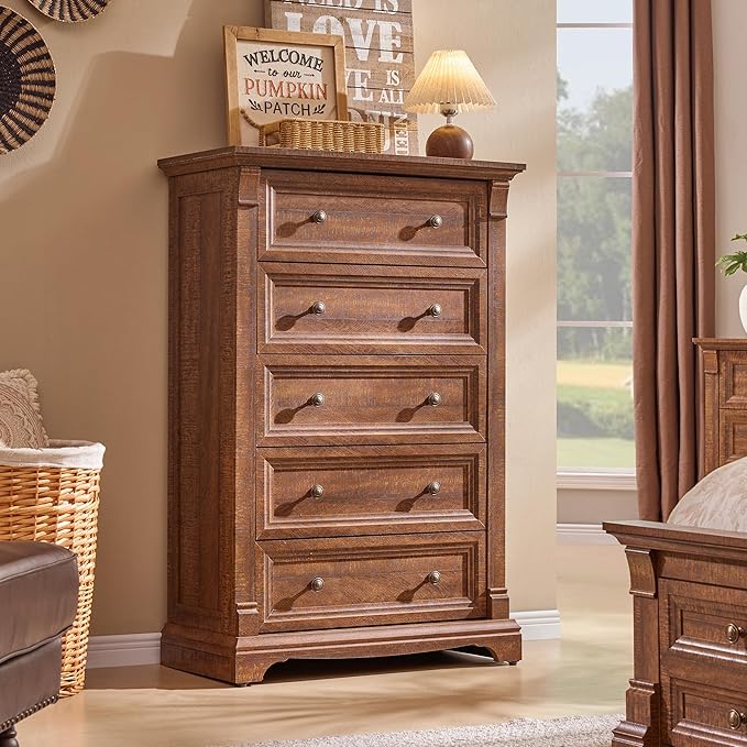 T4TREAM Farmhouse 5 Drawer Dresser for Bedroom, 47" Tall Wood Dresser with Ample Storage Space and Rustic Charm, Reclaimed Barnwood