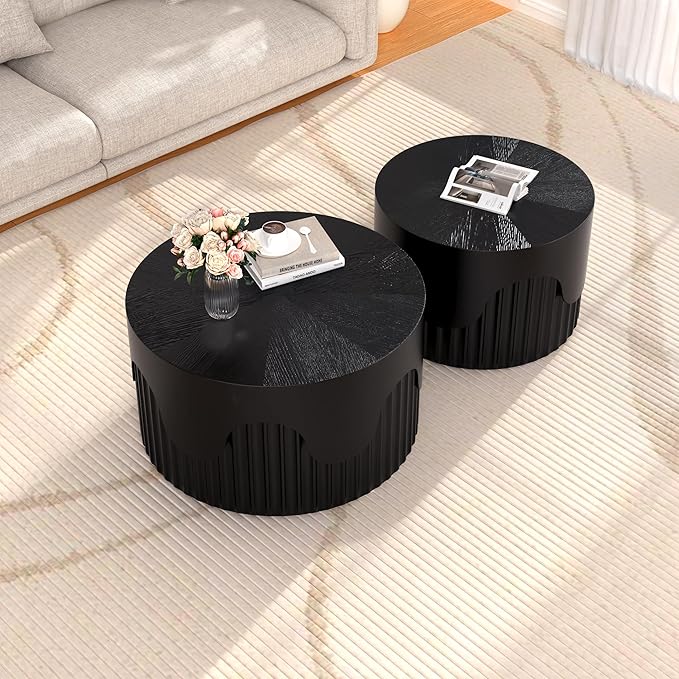 Round Nesting Coffee Table Set of 2, Round Fluted Coffee Tables for Living Room Modern Nesting End Side Tables for Small Spaces (E Black)