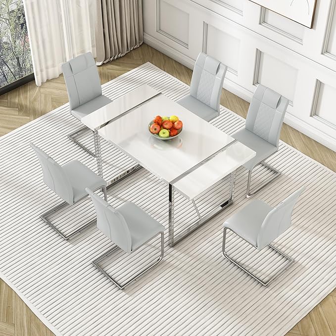 Modern Rectangular Dining Room Table & Chairs Set, PU Leather Upholstered, 55" Dinner Table for Kitchen & Dining Room