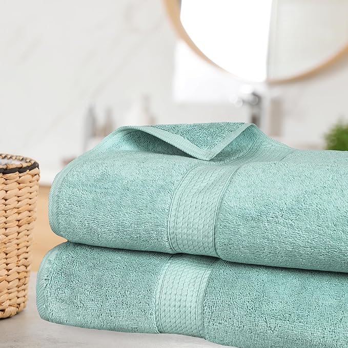 Superior Egyptian Cotton Pile Bath Sheet Set of 2, Ultra Soft Luxury Towels, Thick Plush Essentials, Absorbent Heavyweight, Guest Bath, Hotel, Spa, Home Bathroom, Shower Basics, Sea Foam
