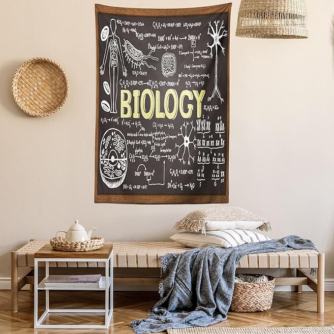 Ambesonne Science Tapestry, Black Chalkboard Biology Hand Written, Wall Hanging for Bedroom Living Room Dorm Decor, 40" X 60", Black Brown Pale Yellow