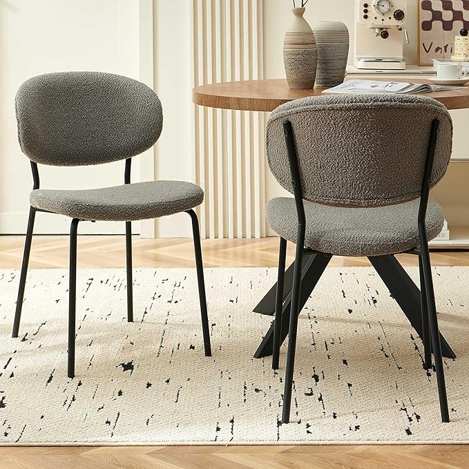 Modern Dining Table Set for 2, 3-Piece Set, 37" Round MDF Coffee Table With 2 Seated Grey Boucle Chairs Upholstered, Metal Legs for Dining Hall, Living Room