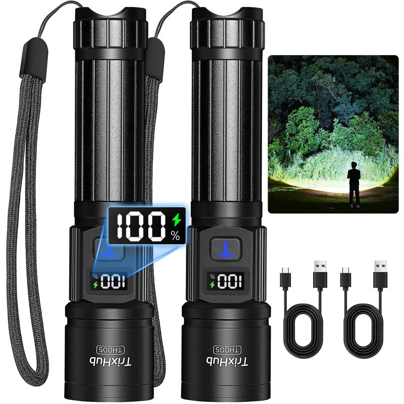 TrixHub Rechargeable Flashlights 2 Pack, Super Bright High Lumens Flash Light, 5 Modes Zoomable Linternas with LCD Digital Display, Powerful Handheld LED Flashlights for Home Emergencies Camping