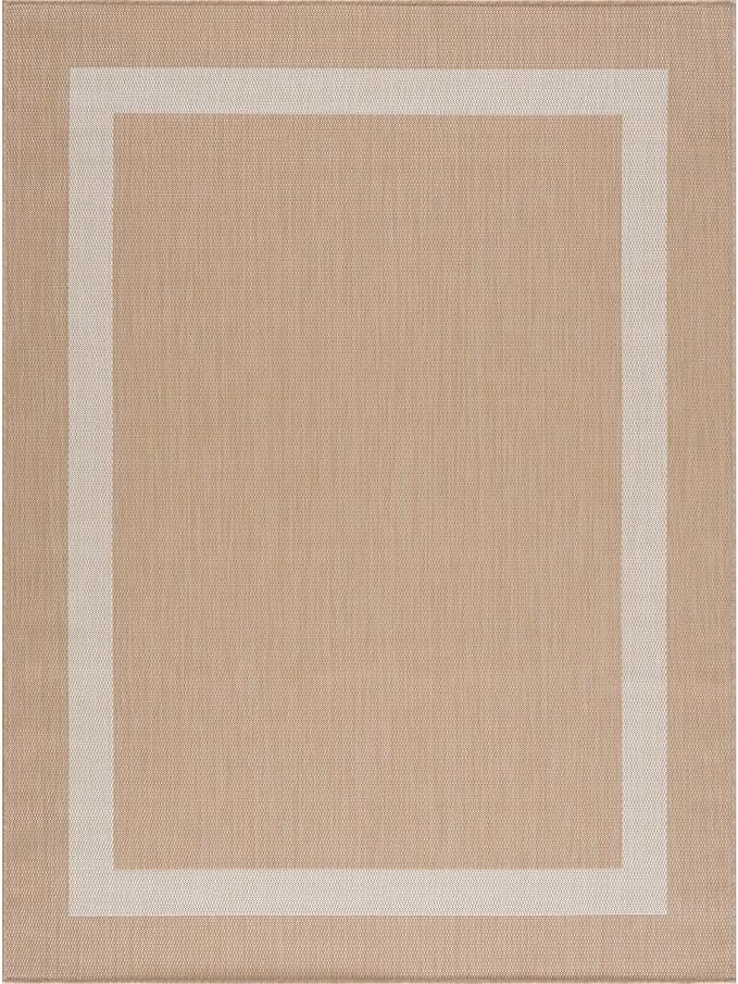 CAMILSON Outdoor Rug 6x9, Modern Outside Rugs for Patios Porches Waterproof Durable Washable Non-Shedding, Easy-to-Clean Indoor Outdoor Area Carpet (6 x 9, Bordered - Beige/White)