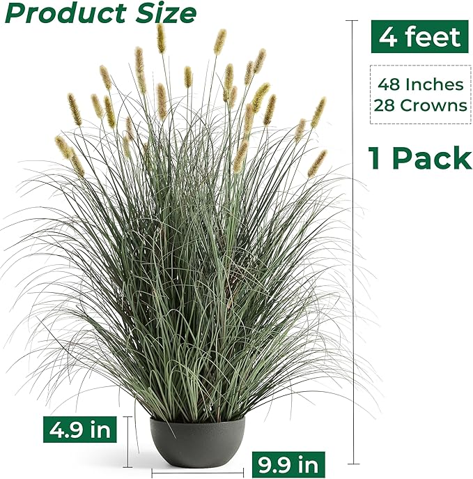 4ft Onion Grass, Artificial Plant and Greenery, Fake Floor Plants Indoor Outdoor, Potted Faux Green Bristlegrass with Yellow Spikes, Large Size Horsetail Reed Grass, House Decorative